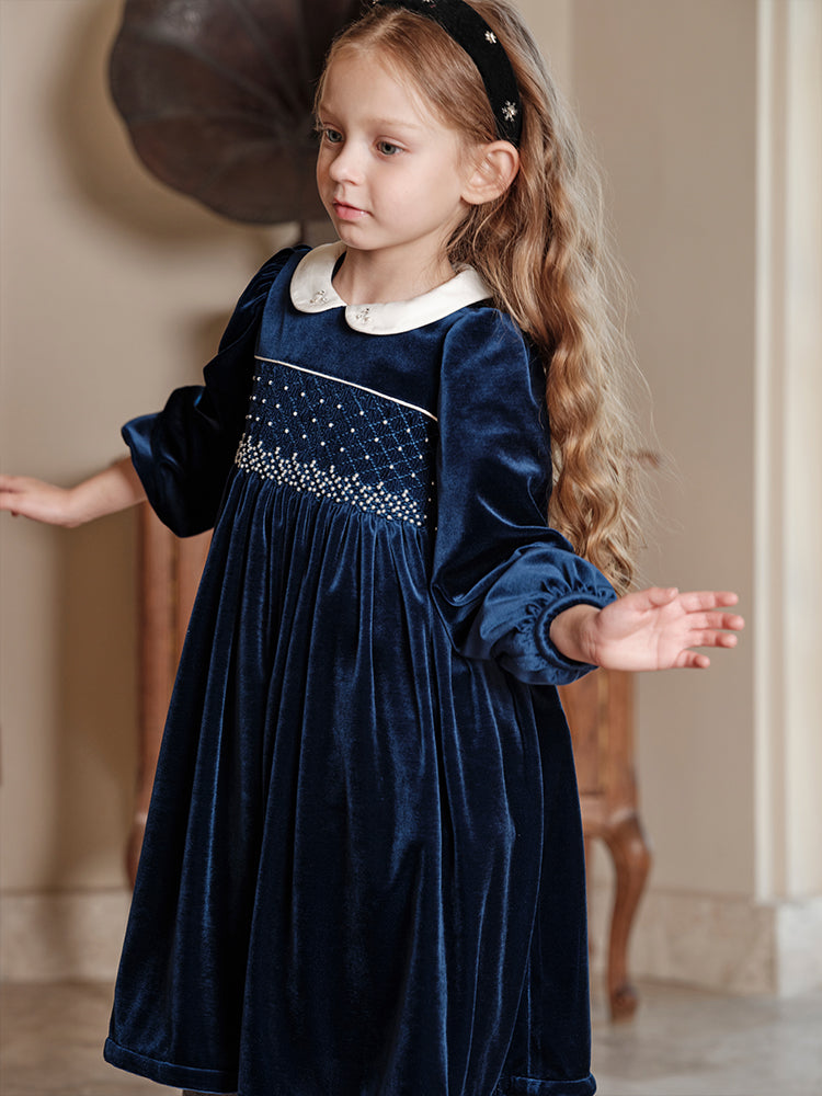 Navy Velvet Peter Pan Collar Beaded Dress
