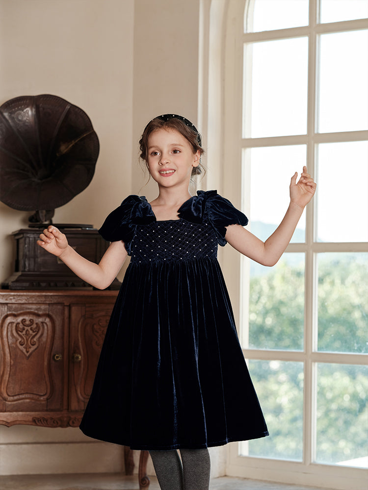 navy velvet smocking dress