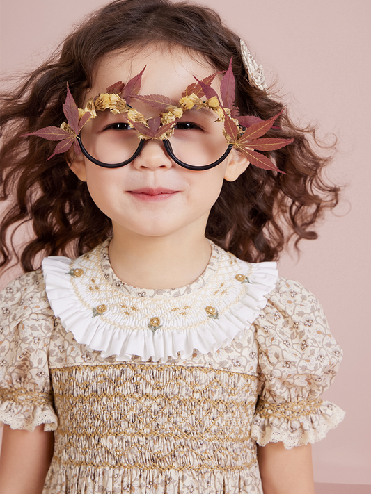 Yellow French print smocking yoke dress