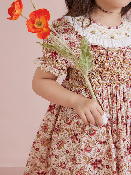 Red French print smocking yoke dress