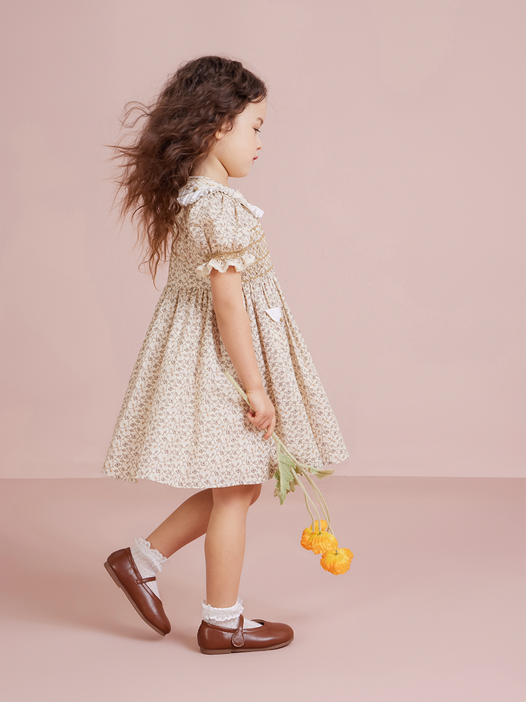 Yellow French print smocking yoke dress