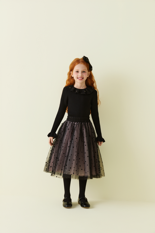 Black Beaded Ruffled-Collar Knitwear