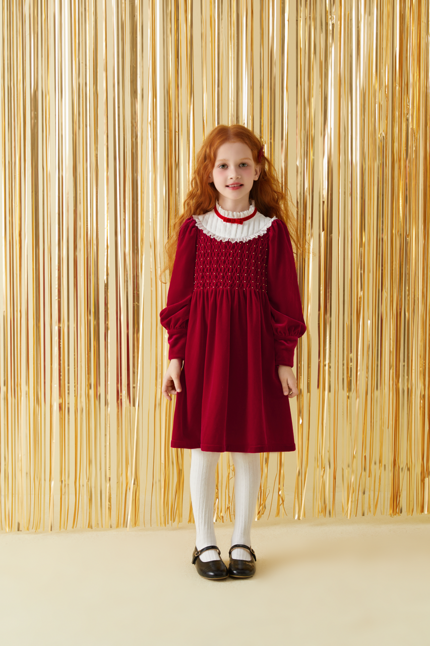 Red Velvet Honeycomb Pleated Dress