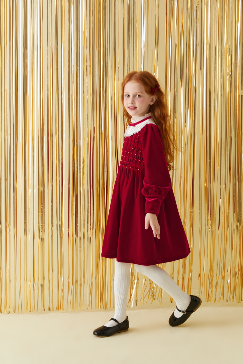 Red Velvet Honeycomb Pleated Dress