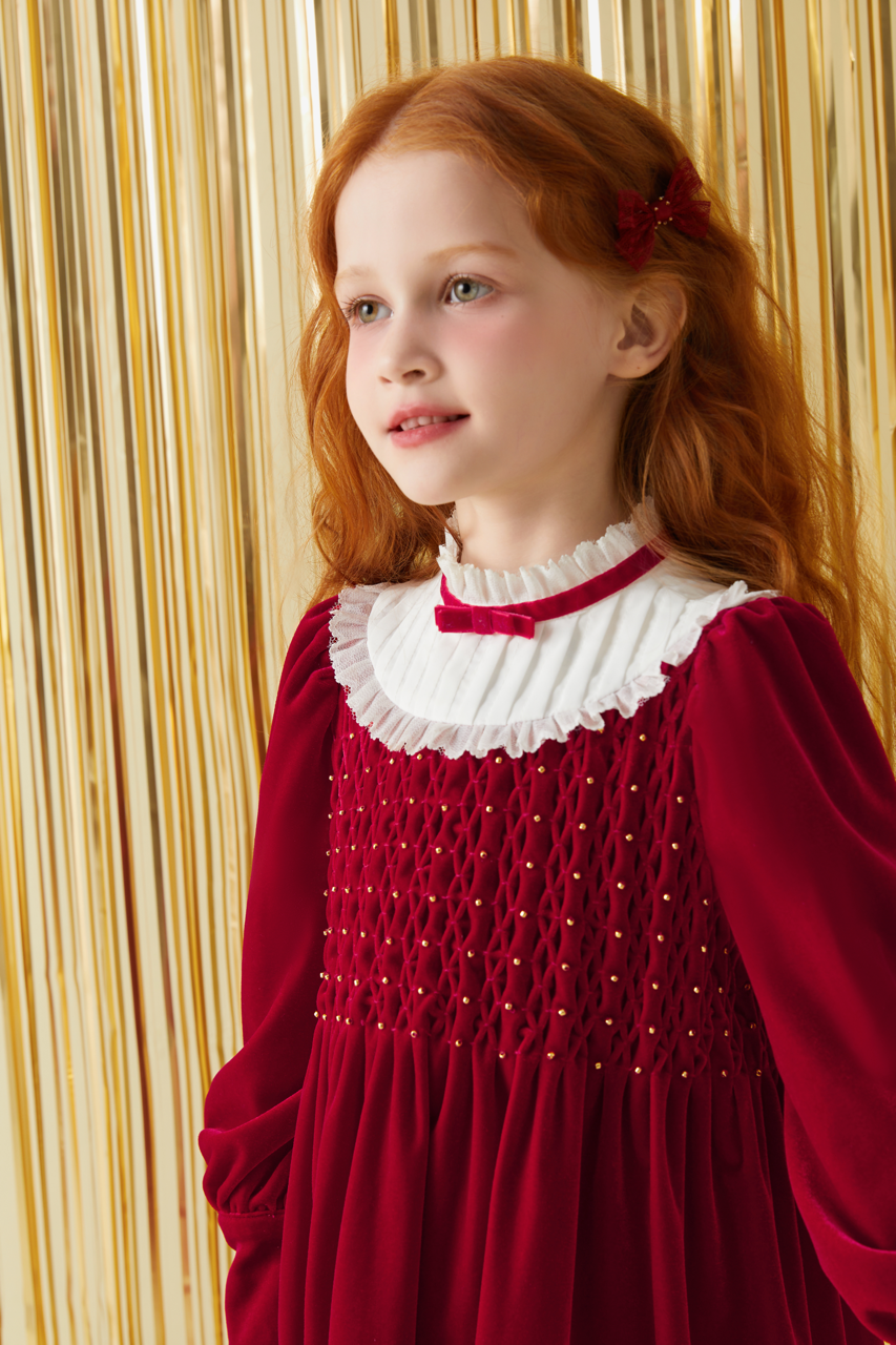 Red Velvet Honeycomb Pleated Dress