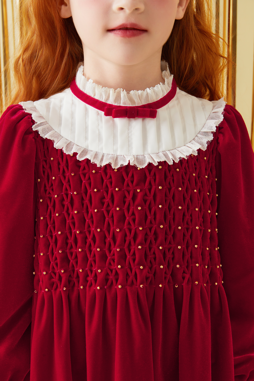 Red Velvet Honeycomb Pleated Dress