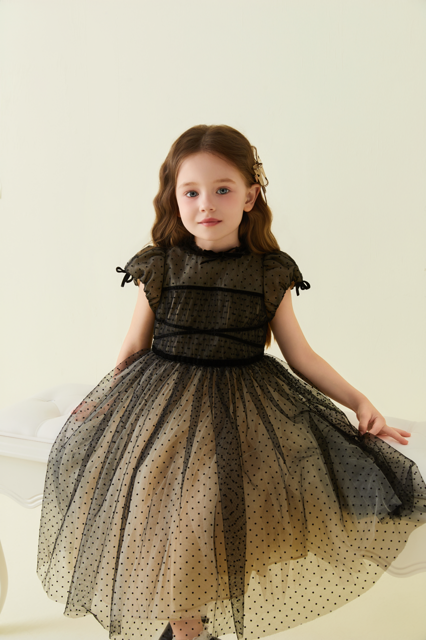 黑色蕾丝圆点网眼连衣裙