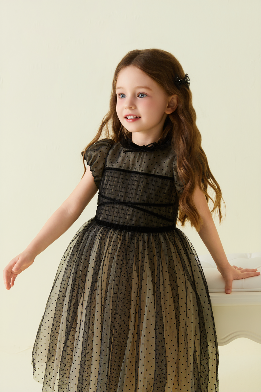 黑色蕾丝圆点网眼连衣裙