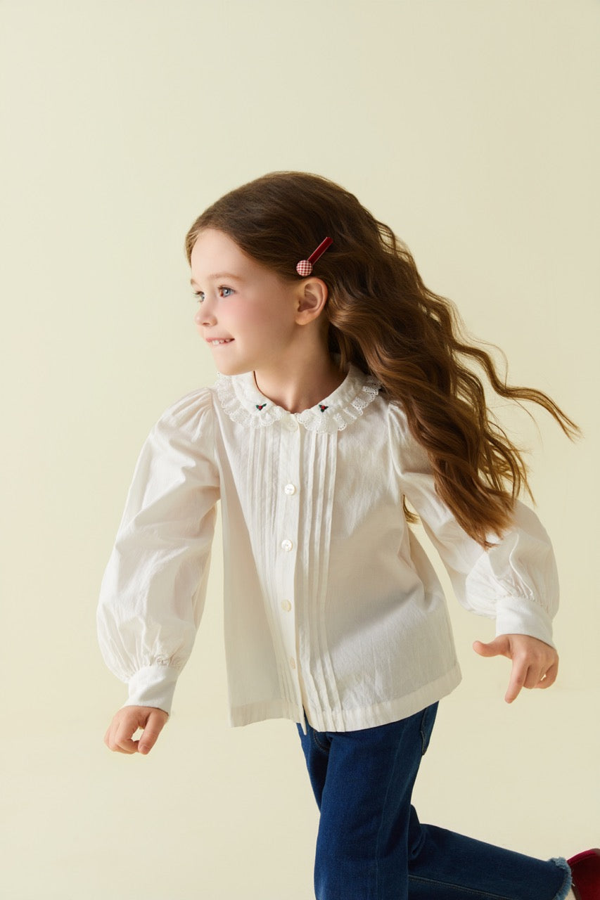 Peter Pan Collar Tuck Pleat Embroidered Blouse