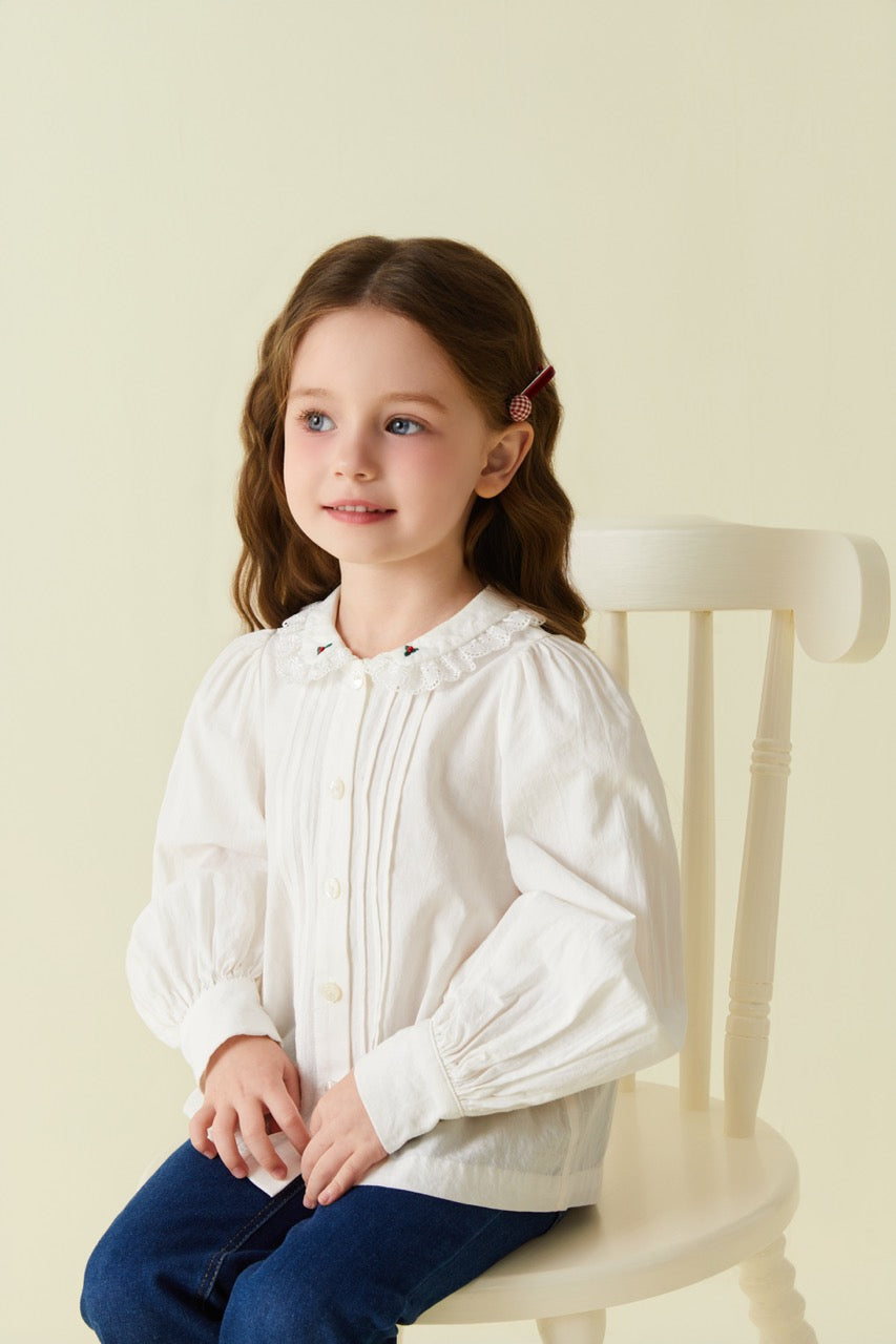 Peter Pan Collar Tuck Pleat Embroidered Blouse