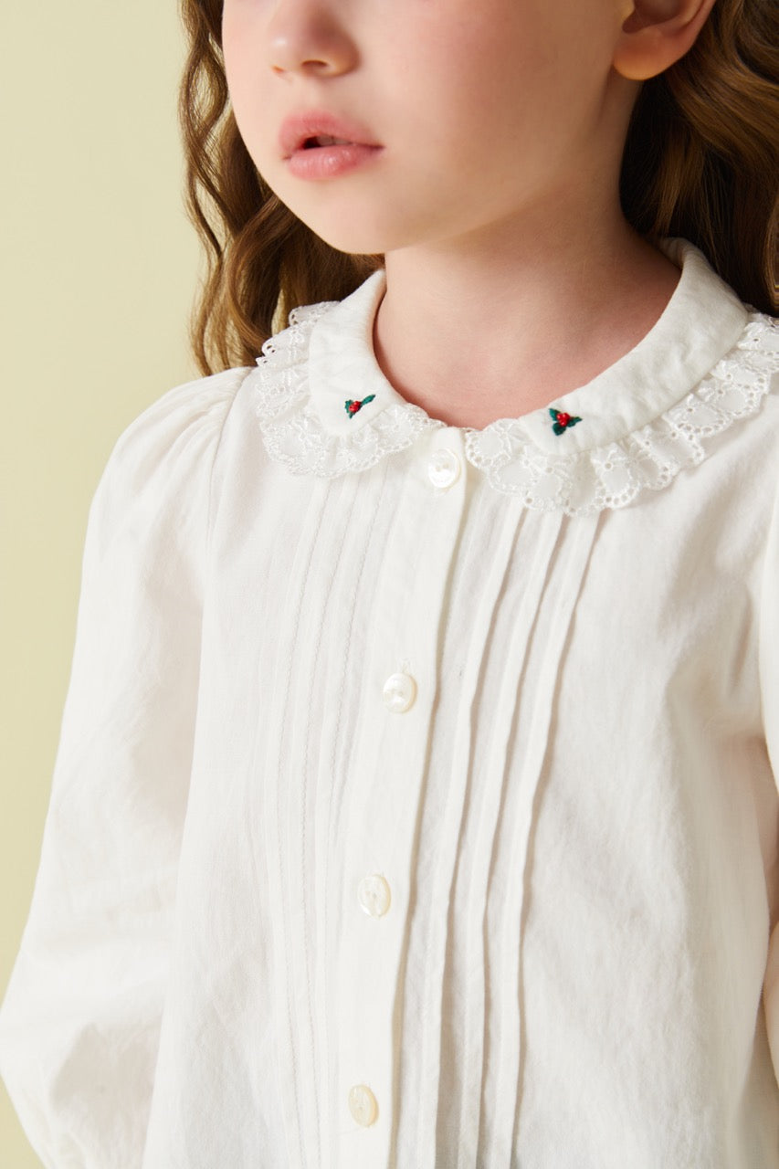 Peter Pan Collar Tuck Pleat Embroidered Blouse