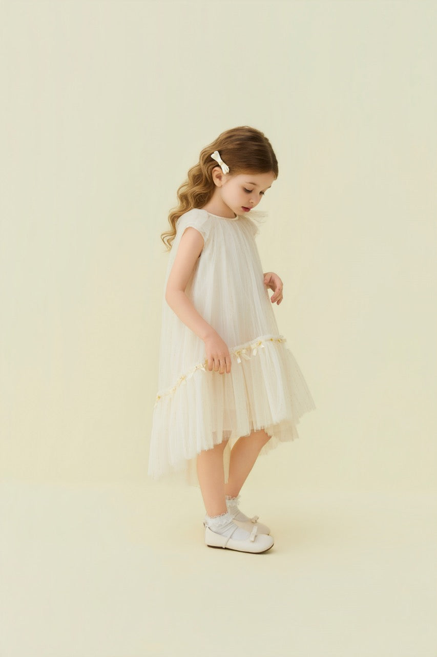 Champagne Crystal Bow Flutter Sleeve Tulle Dress