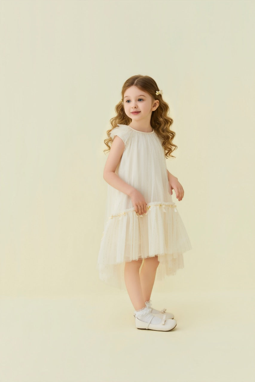 Champagne Crystal Bow Flutter Sleeve Tulle Dress