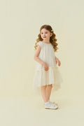 Champagne Crystal Bow Flutter Sleeve Tulle Dress