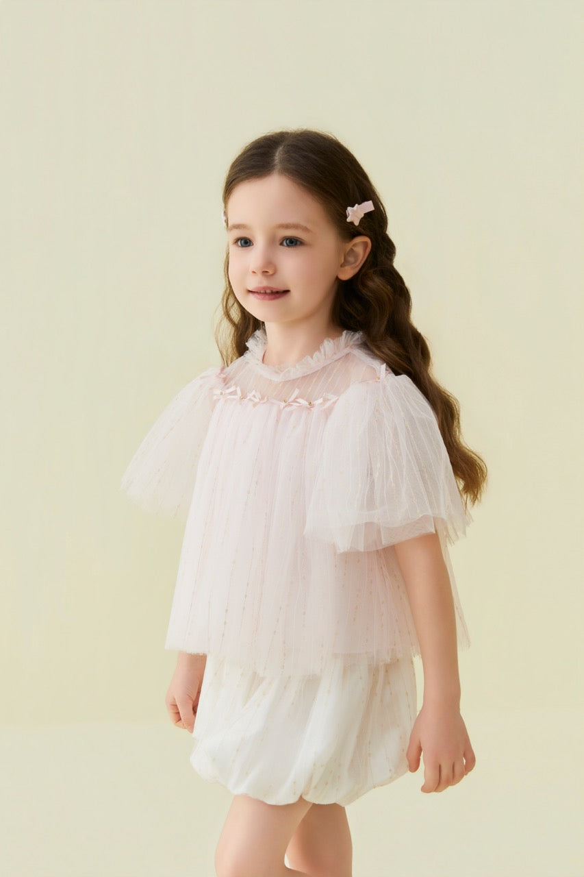 Pink Crystal Bow Tulle Blouse