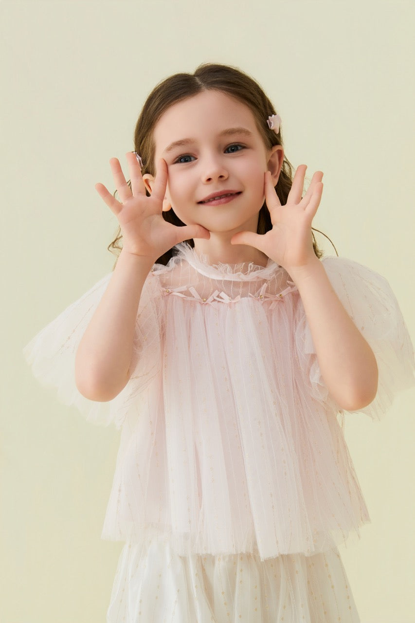 Pink Crystal Bow Tulle Blouse