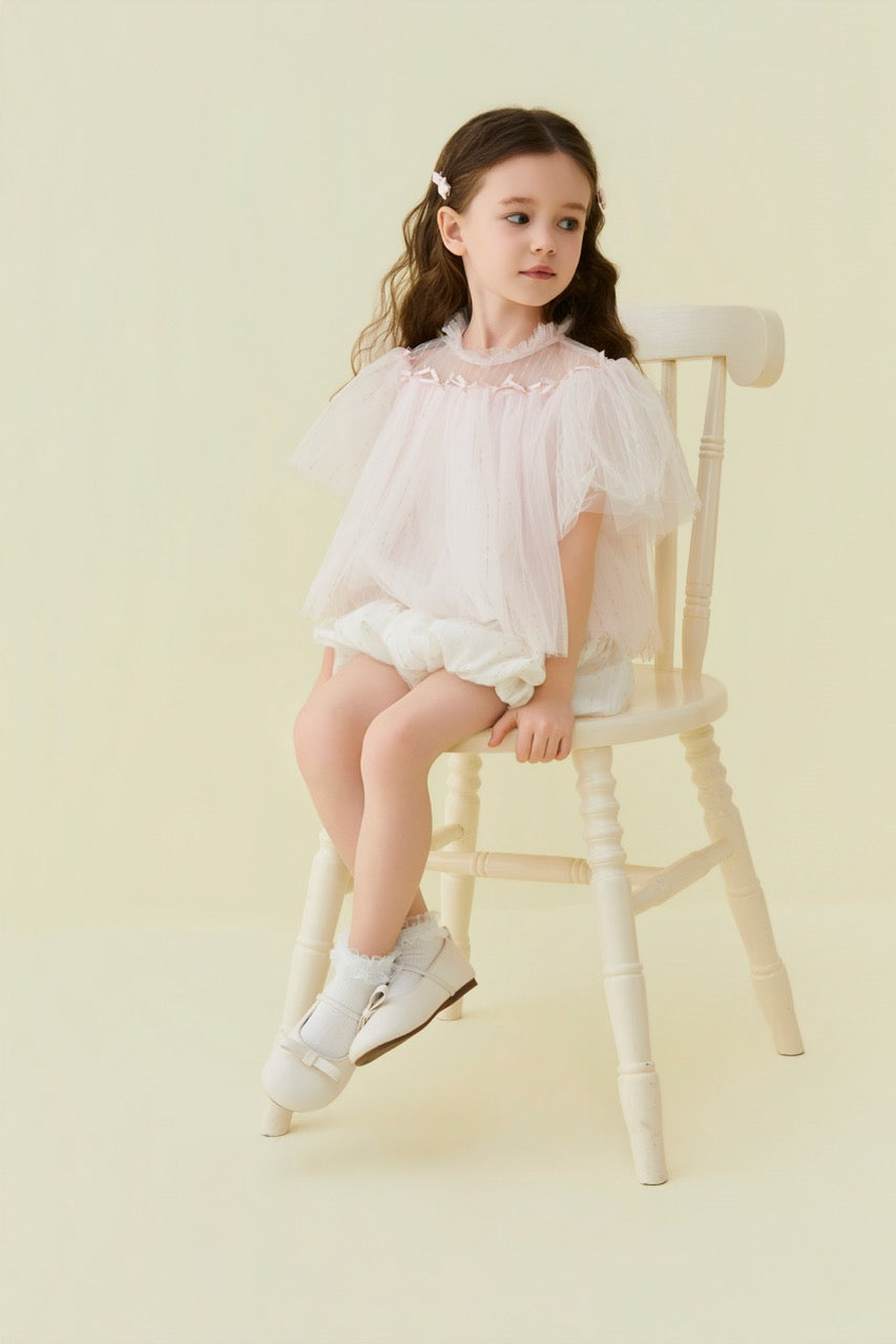 Pink Crystal Bow Tulle Blouse