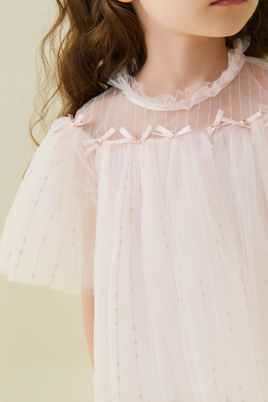 Pink Crystal Bow Tulle Blouse