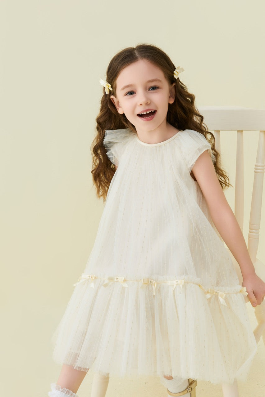 Champagne Crystal Bow Flutter Sleeve Tulle Dress