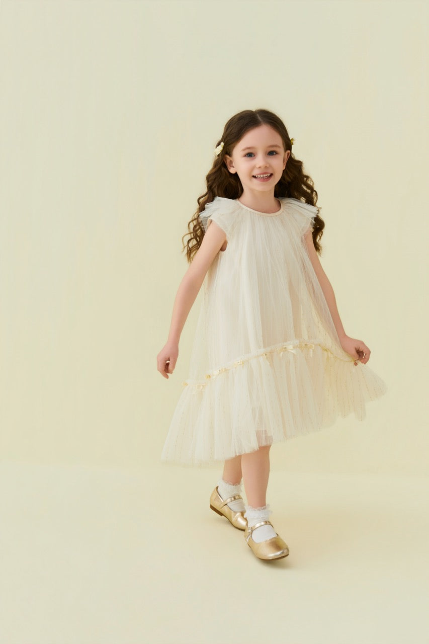 Champagne Crystal Bow Flutter Sleeve Tulle Dress