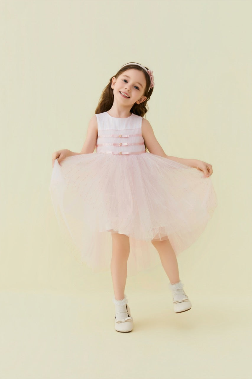 Pink Beaded Bow Tulle Dress