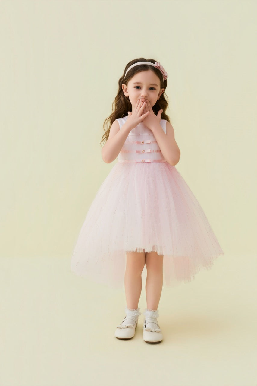 Pink Beaded Bow Tulle Dress