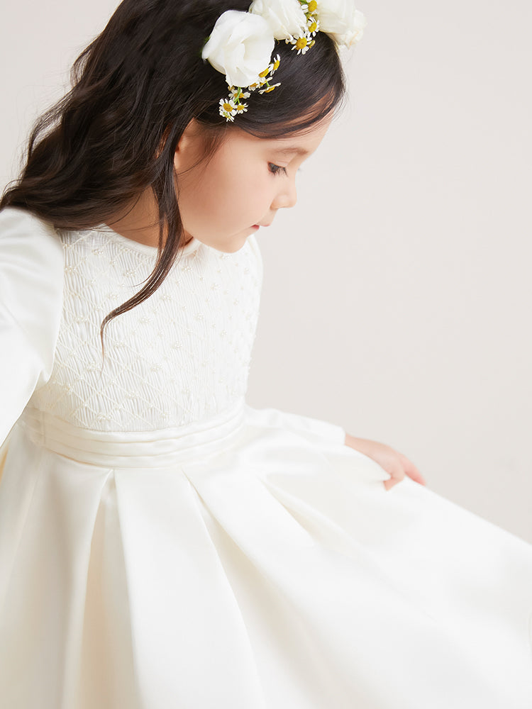 white satin smocking dress