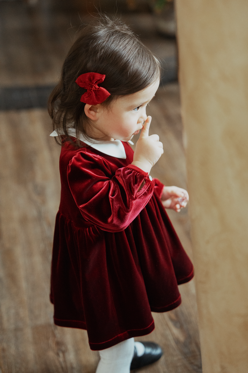 Handmade Shrink Pleated Embroidery Red Velvet Doll Collar Dress - Burgundy / 4M-6M Handmade Shrink Pleated Embroidery Red Velvet Doll Collar Dress - Burgundy / 4M-6M