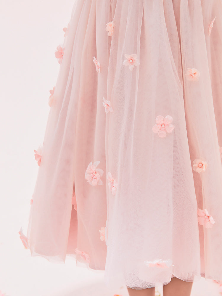 sleeveless flower pink tulle dress