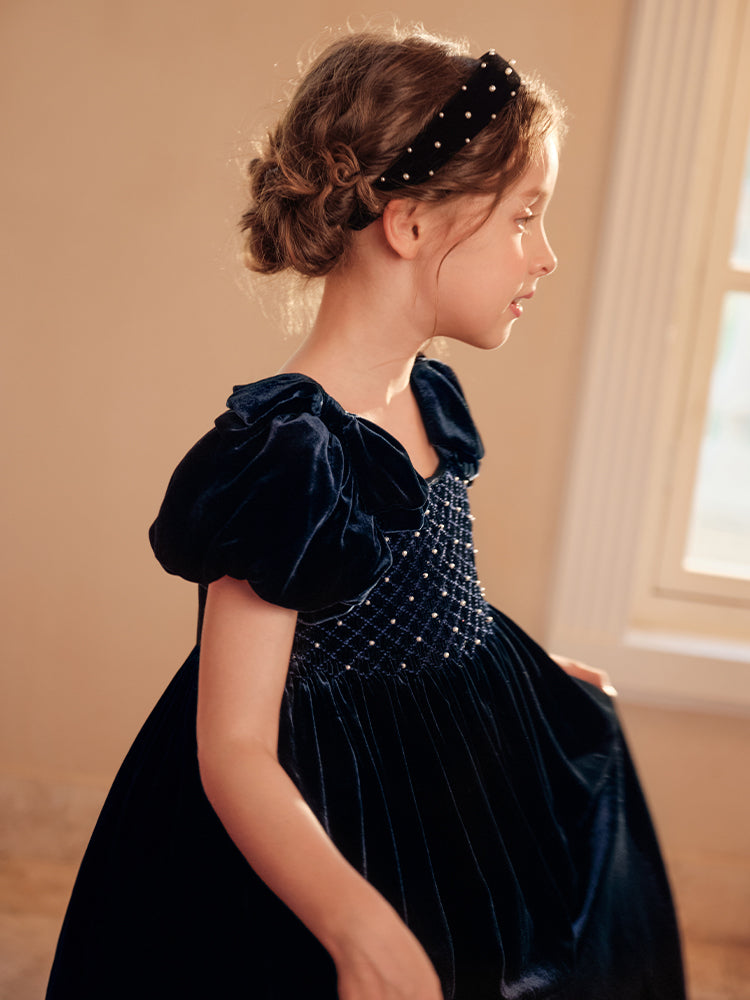 navy velvet smocking dress