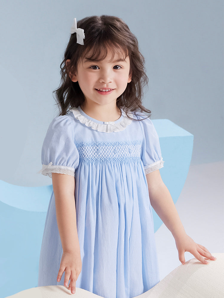 blue stripes smocking dress