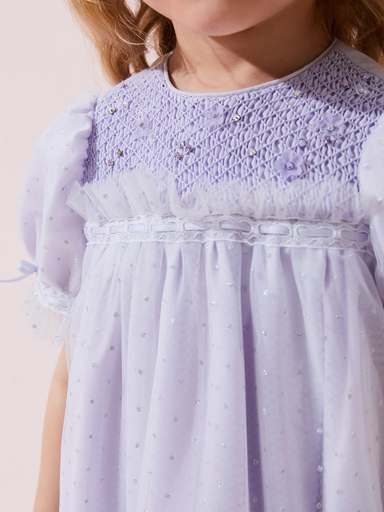 purple tulle smocking  dress