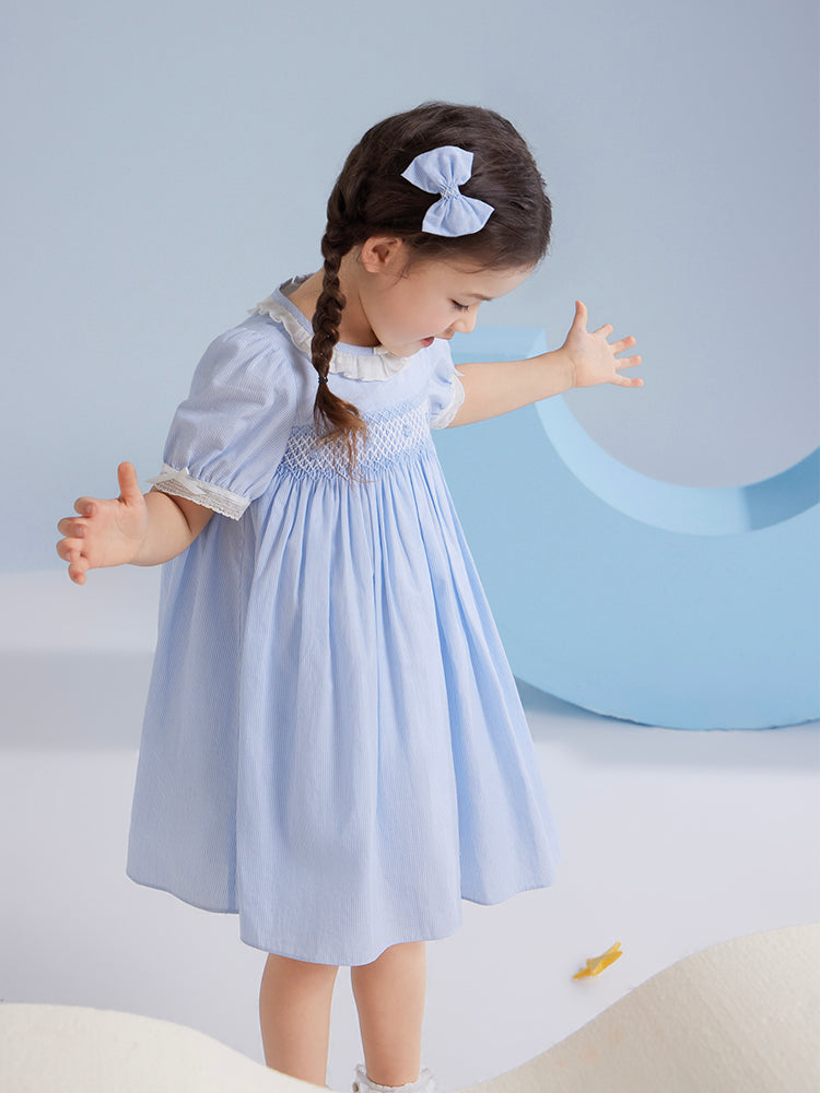 blue stripes smocking dress