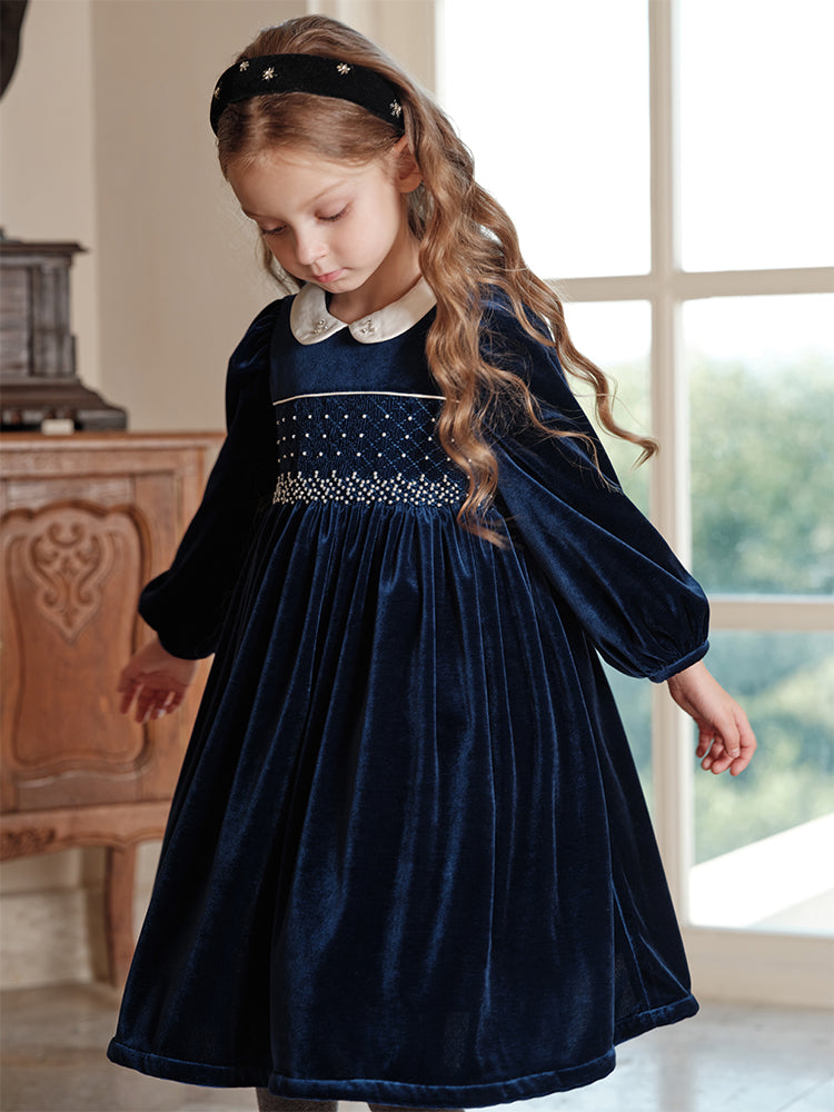Navy Velvet Peter Pan Collar Beaded Dress