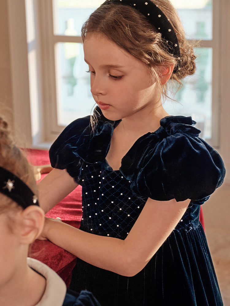 navy velvet smocking dress