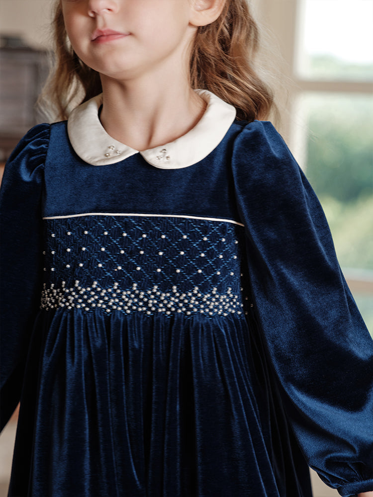 Navy Velvet Peter Pan Collar Beaded Dress