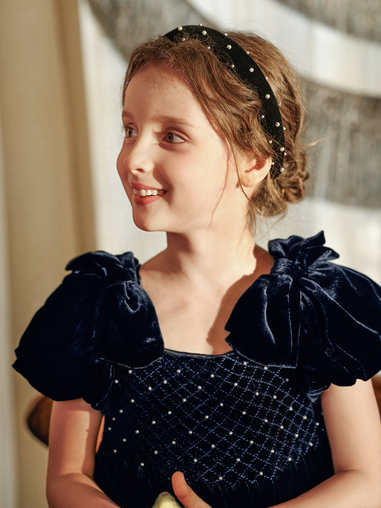 navy velvet smocking dress