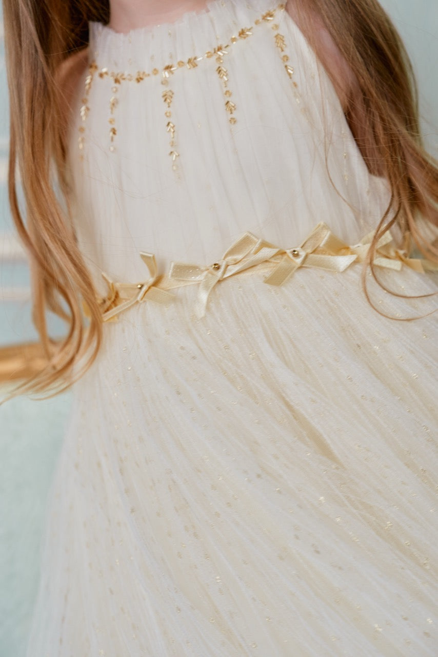 Champagne Crystal Bow Tulle Gown
