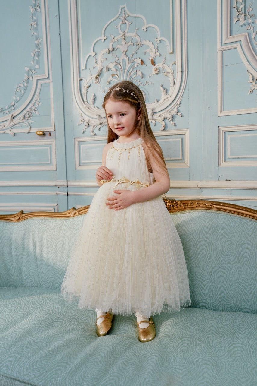Champagne Crystal Bow Tulle Gown