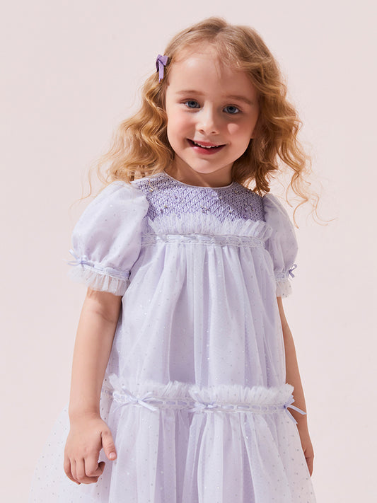 purple tulle smocking  dress