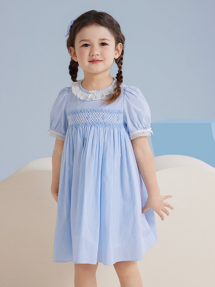 blue stripes smocking dress