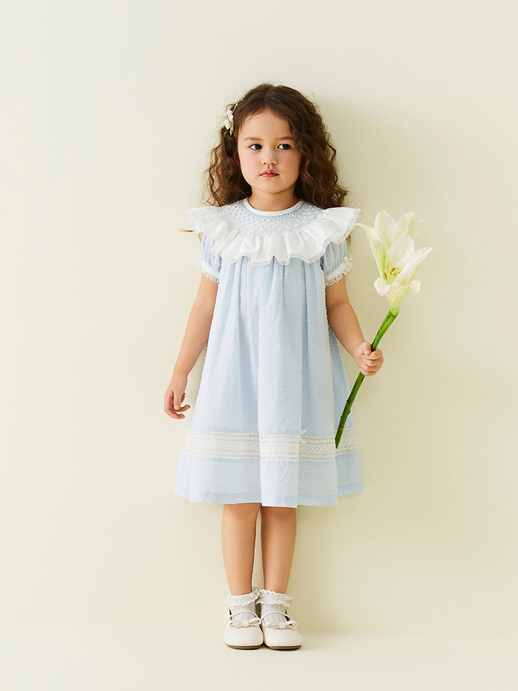 blue bishop-collar dress