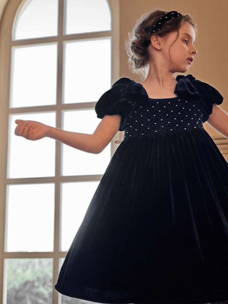 navy velvet smocking dress