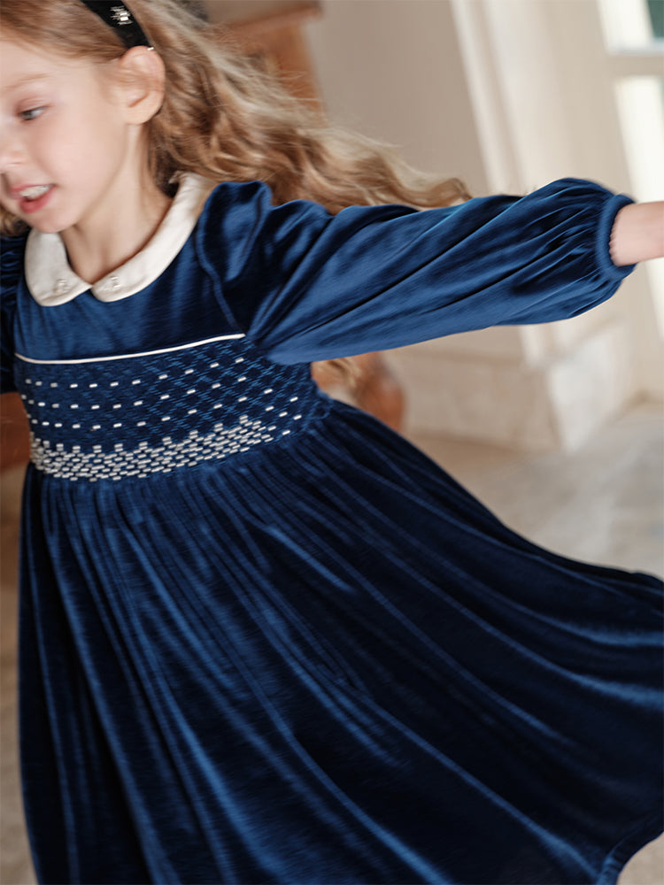 Navy Velvet Peter Pan Collar Beaded Dress