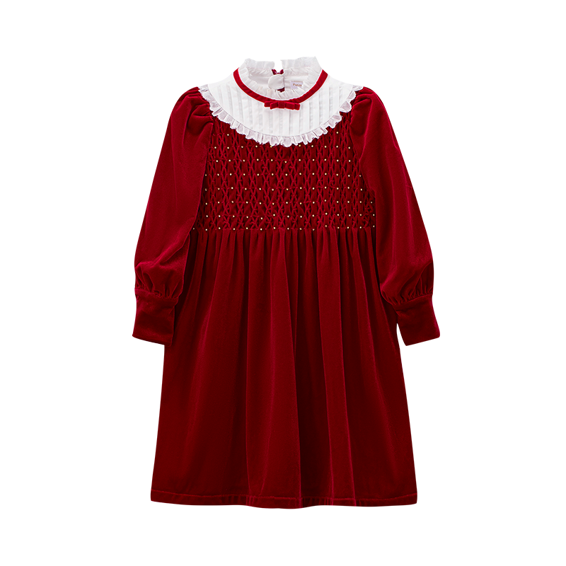 红色金丝绒蜂巢褶连衣裙