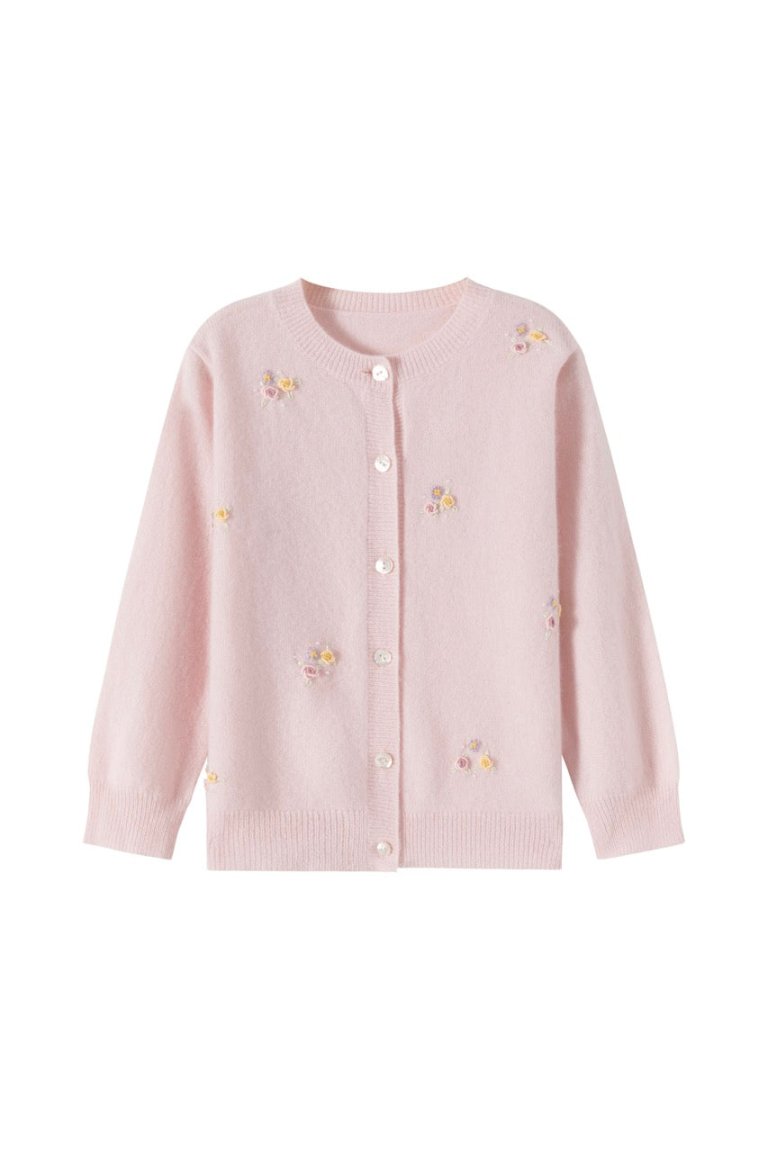 Pink Floral Embroidered Wool Cardigan