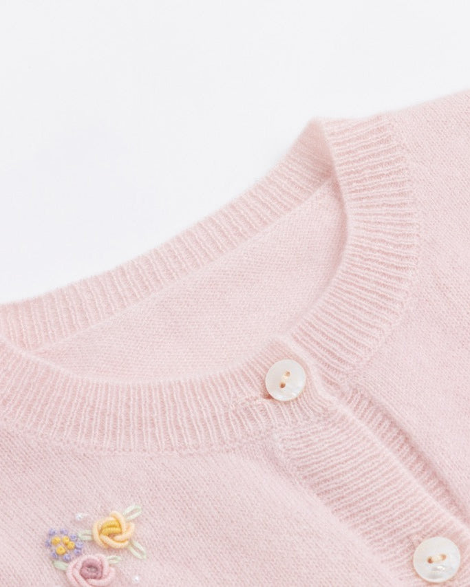 Pink Floral Embroidered Wool Cardigan
