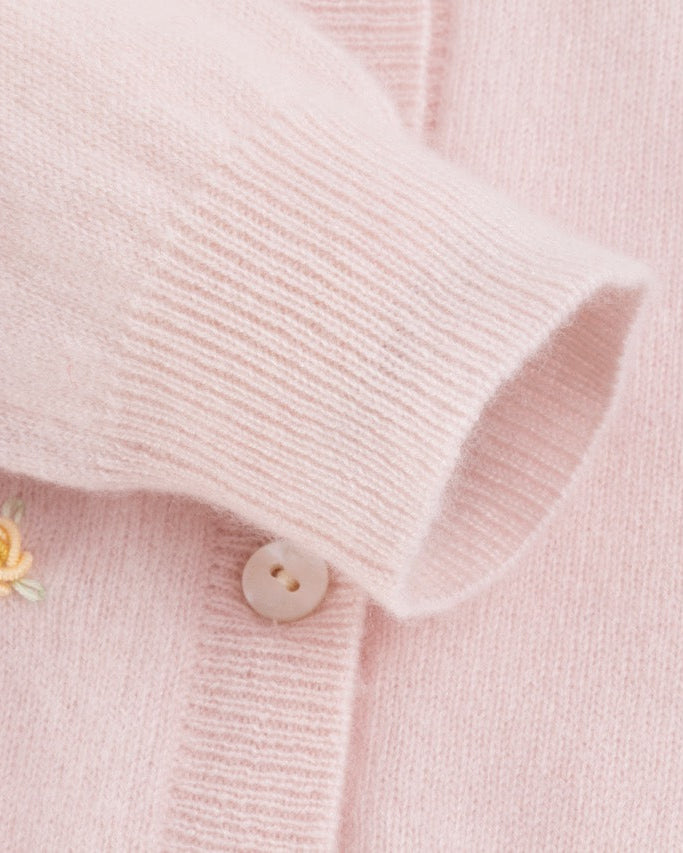 Pink Floral Embroidered Wool Cardigan