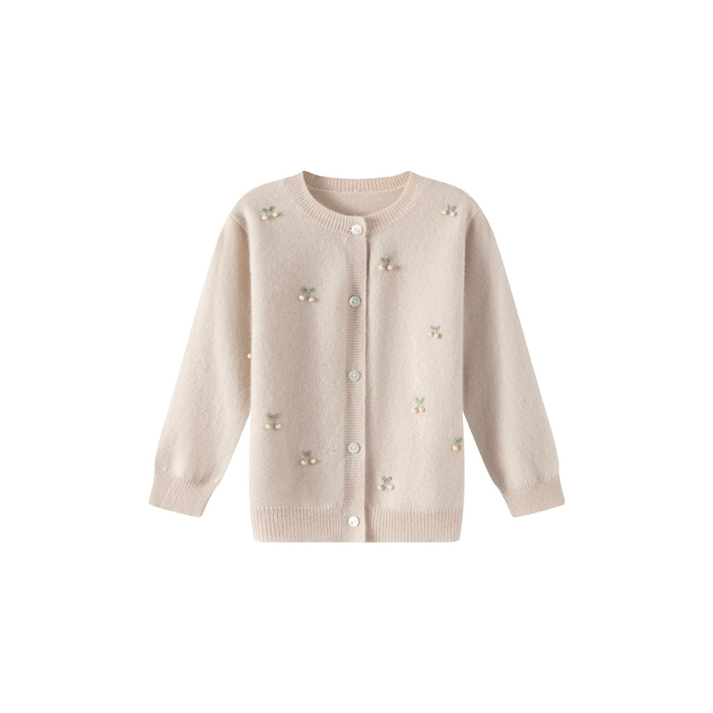 Khaki Berry Embroidered Wool Cardigan