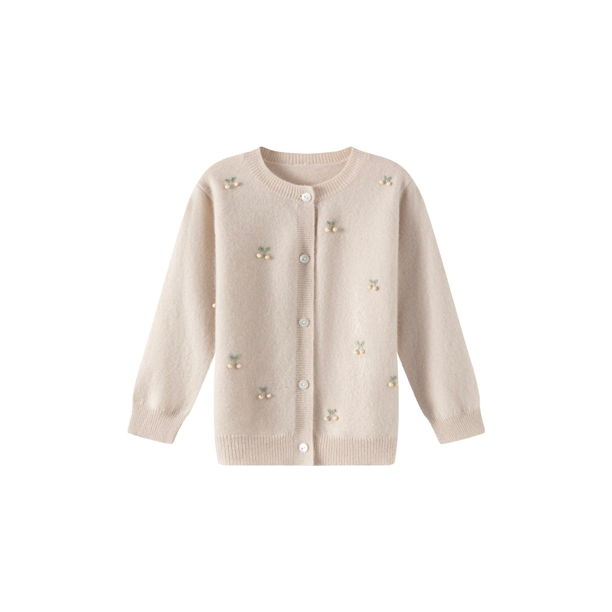 Khaki Berry Embroidered Wool Cardigan